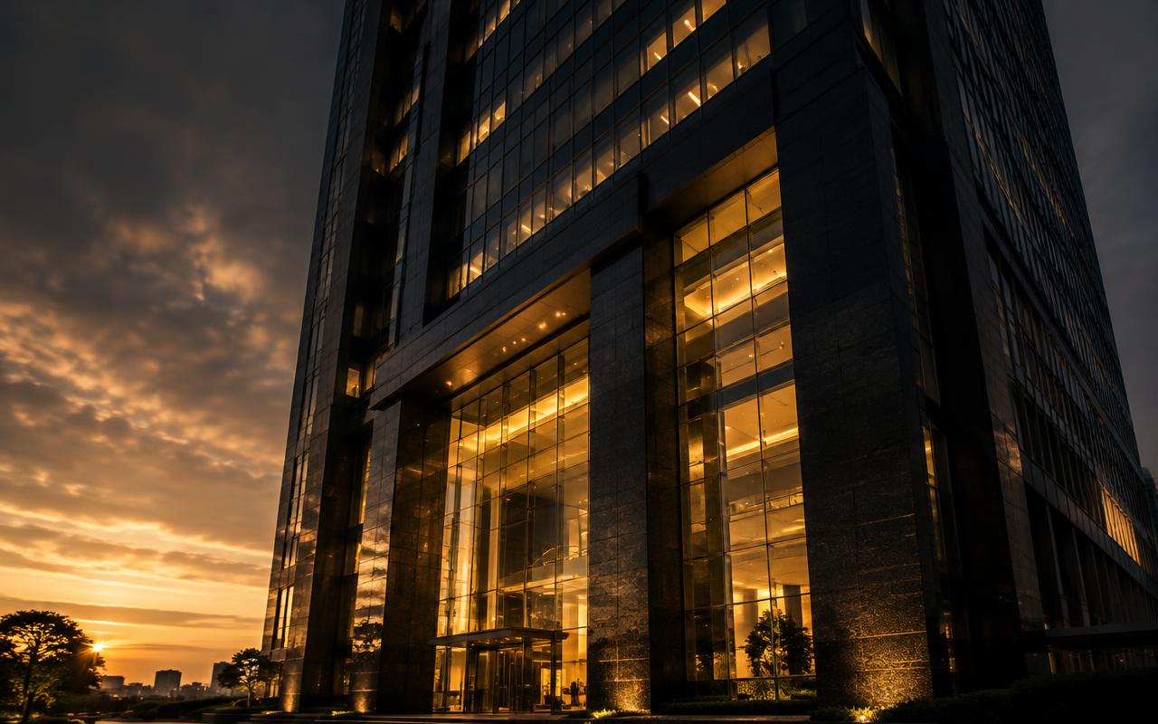 Entrada de torre corporativa de cristal iluminada al anochecer, imagen ilustrativa